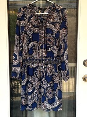 Blue Paisley Tie-Neck Dress